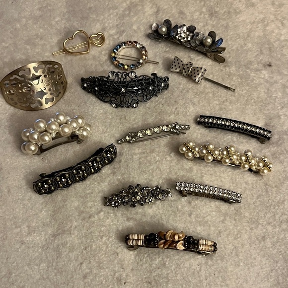 Bundle of 14 Hair Barrettes & Clips | Pearl, Rhinestone, Vintage Metal, Gold main image 16